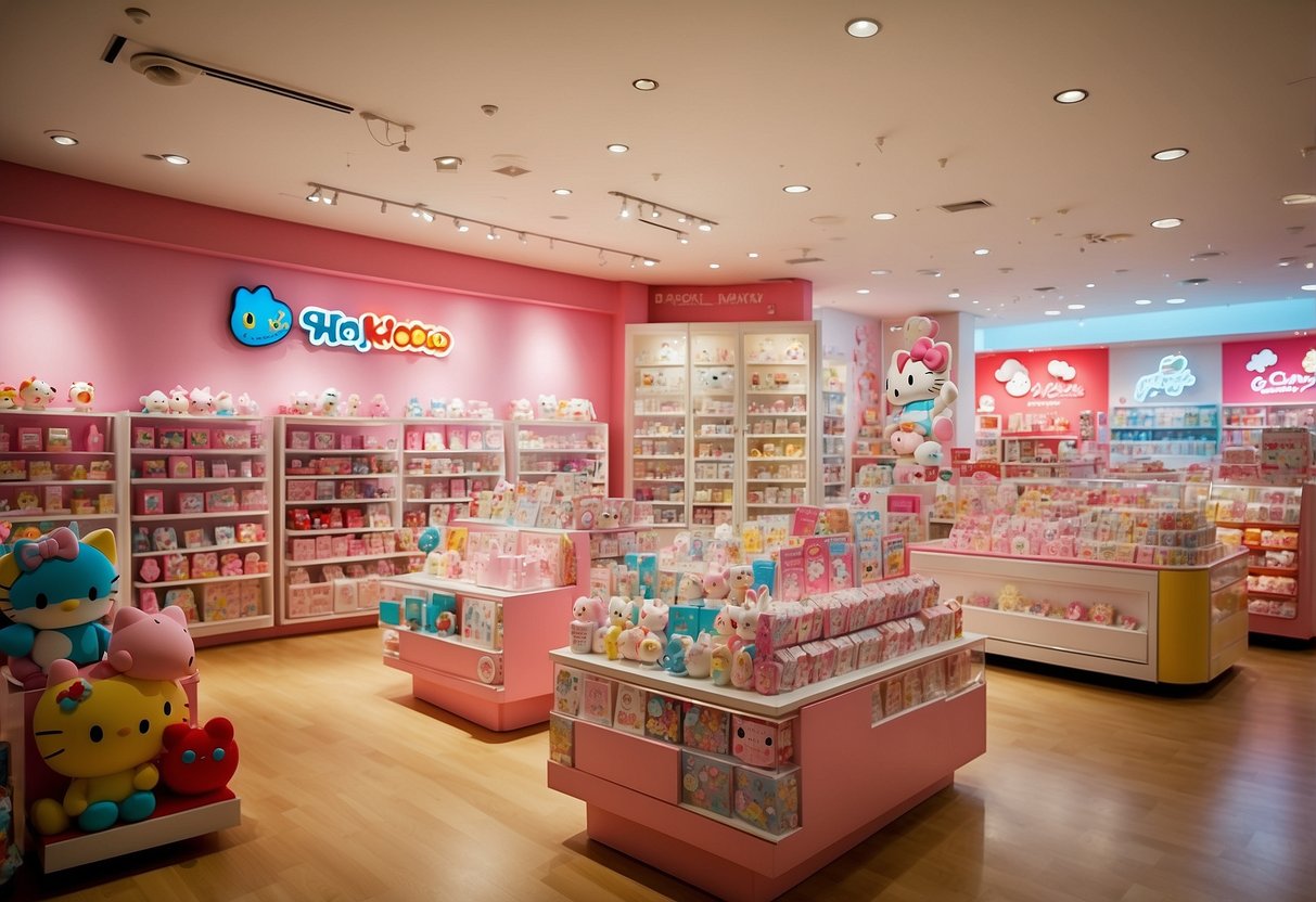 The Sanrio store in Singapore bustles with colorful merchandise and playful displays. The iconic characters like Hello Kitty and My Melody adorn the walls and shelves, creating a whimsical and inviting atmosphere
