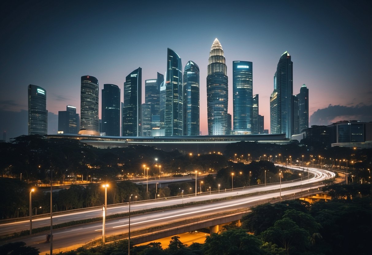 The bustling cityscape of Siemens Singapore, with towering skyscrapers and modern architecture, surrounded by bustling streets and vibrant city life