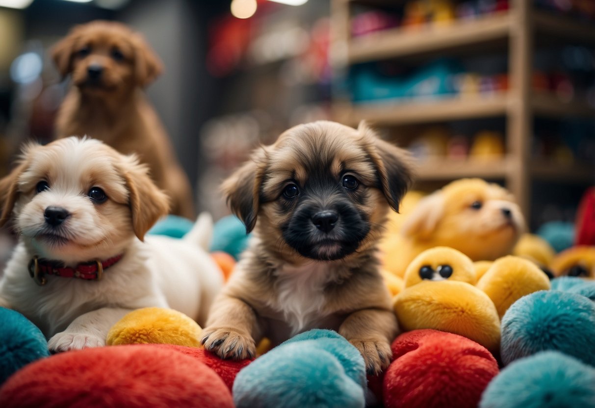 Several adorable puppies of various breeds playfully interact in a cozy pet store setting in Singapore, with colorful toys and comfy bedding