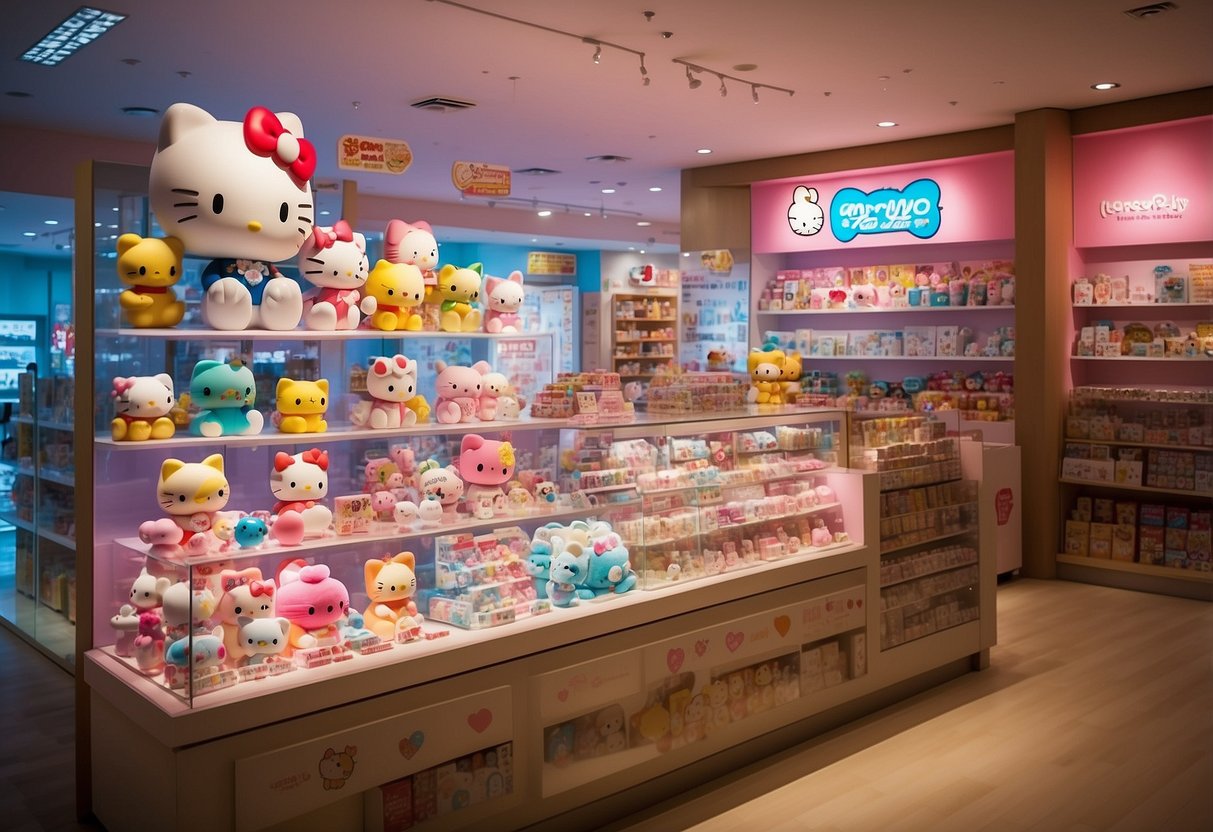 Brightly lit Sanrio store in Singapore, filled with colorful merchandise and iconic characters. Shelves lined with plush toys, stationery, and accessories. Display cases showcasing Hello Kitty and friends
