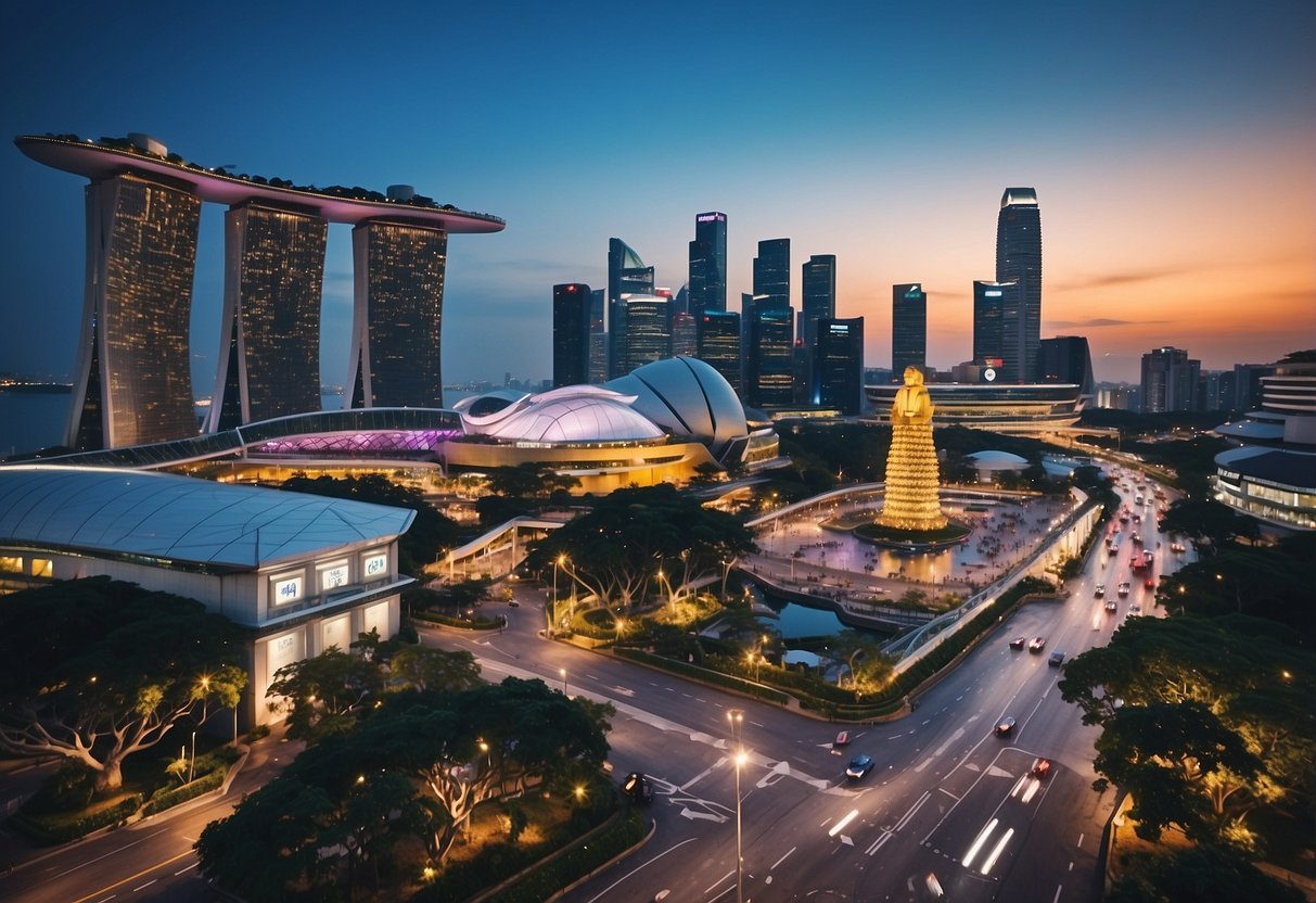A bustling Singapore street with colorful shophouses, bustling markets, and iconic landmarks like the Merlion statue and Marina Bay Sands