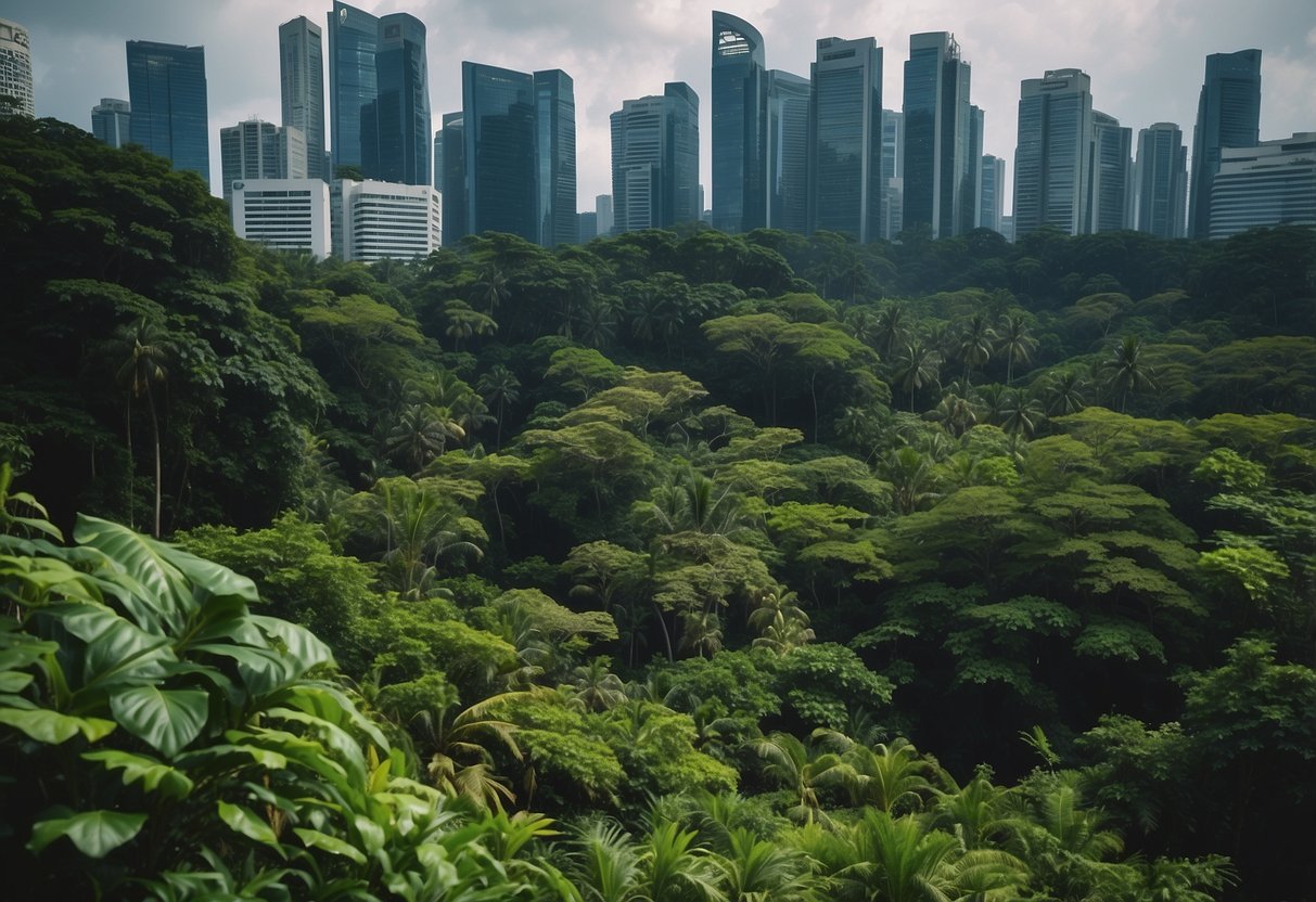 Lush greenery of tropical rainforest meets urban skyline under a hot, humid climate in the Singapore area