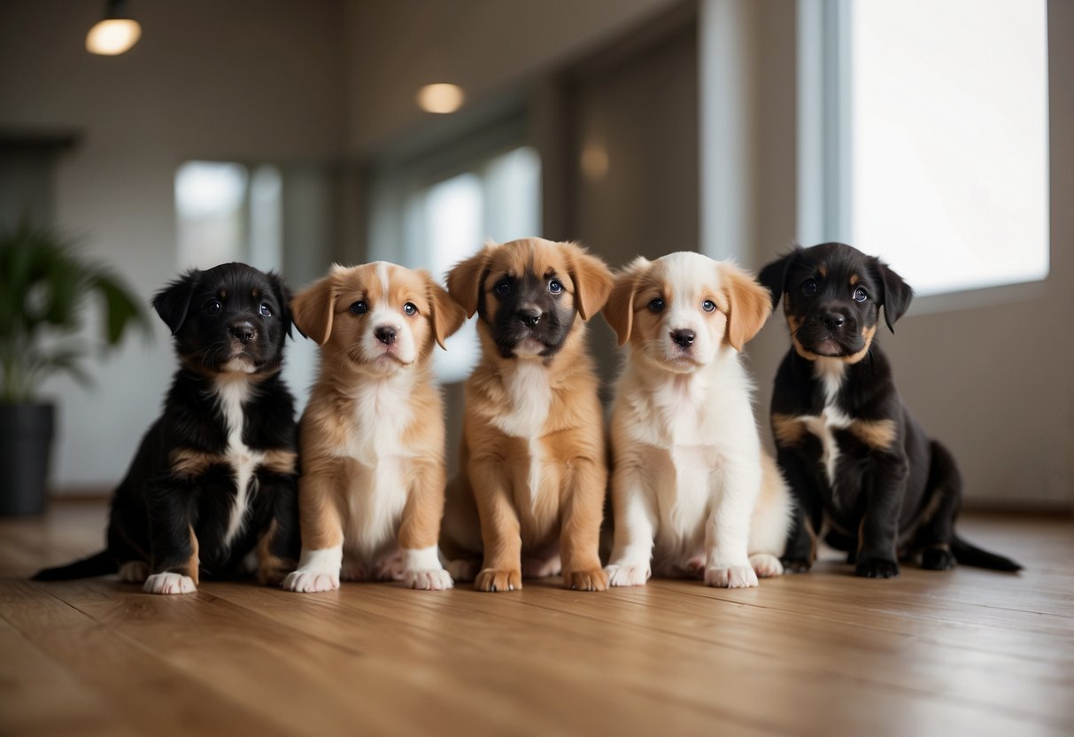 A variety of playful puppies of different breeds are displayed in a well-lit and spacious room, each with a unique charm and personality, waiting to be chosen by their new owners