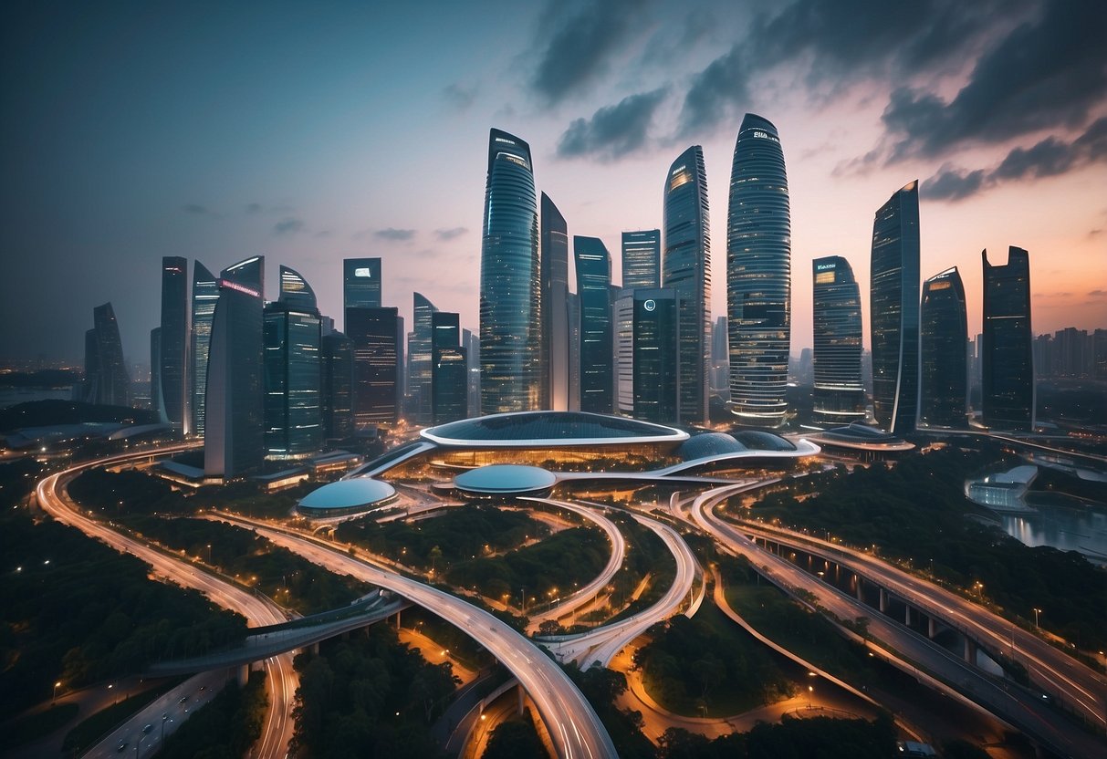 A futuristic cityscape with sleek buildings and advanced infrastructure, featuring Siemens technologies in Singapore