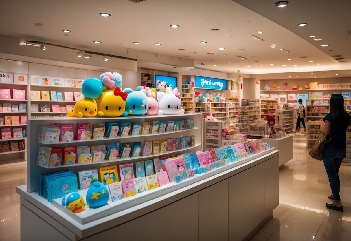 The Sanrio store in Singapore bustles with customers browsing through shelves of merchandise and colorful displays. A sign prominently displays "Frequently Asked Questions" for easy reference