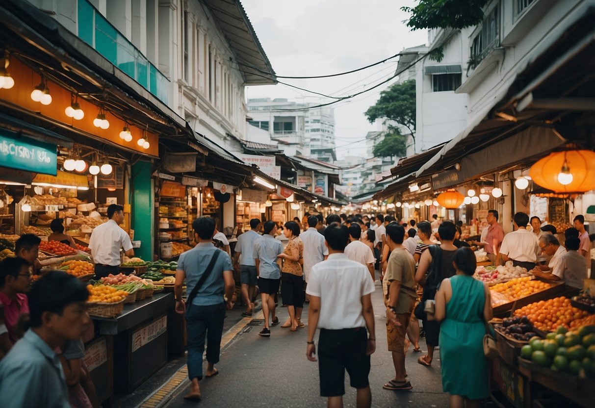 A bustling street in Singapore, with colorful shophouses, bustling markets, and people from diverse cultural backgrounds interacting