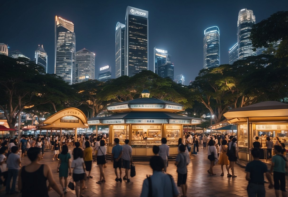 A bustling cityscape with iconic Singapore landmarks and a diverse crowd seeking information at a "Frequently Asked Questions" kiosk