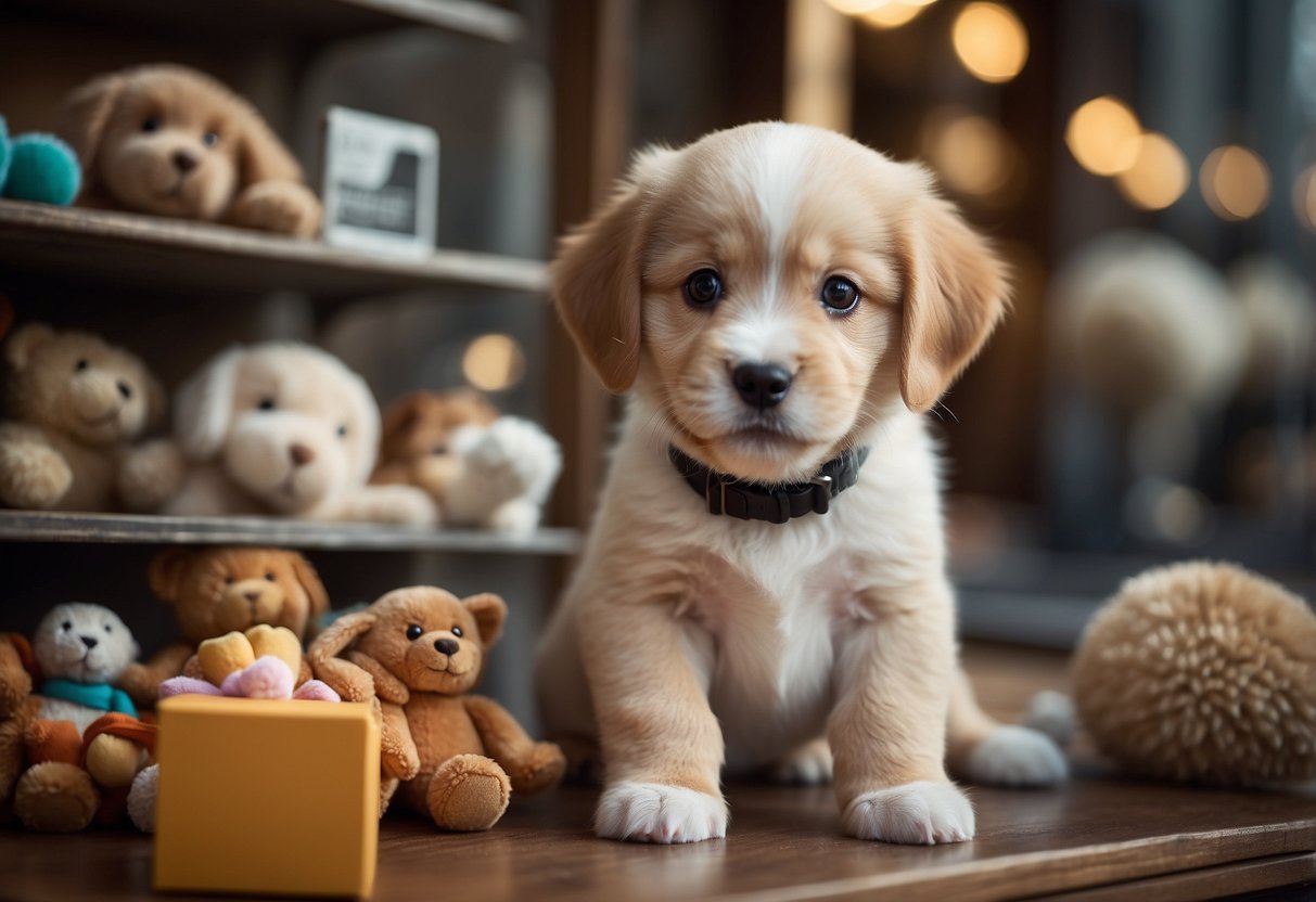 A happy puppy sits in a cozy pet store window, surrounded by toys and treats, with a sign promoting responsible puppy purchases