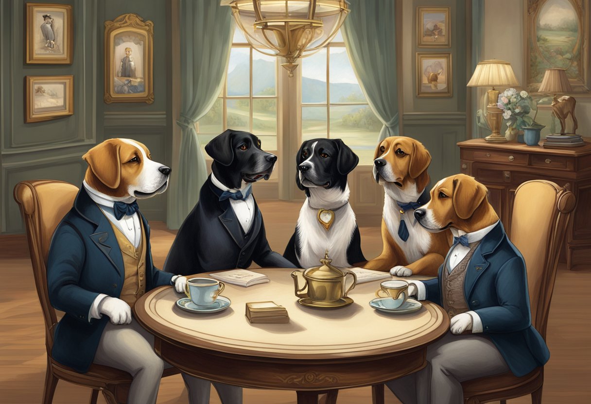 A group of well-dressed dogs sit around a table, each with a Victorian-era name tag. The room is adorned with elegant furniture and dÃ©cor, capturing the essence of the era