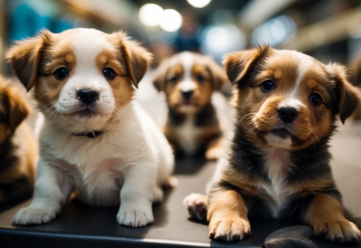 A litter of adorable puppies playfully interact with potential buyers at a bustling pet store in Singapore