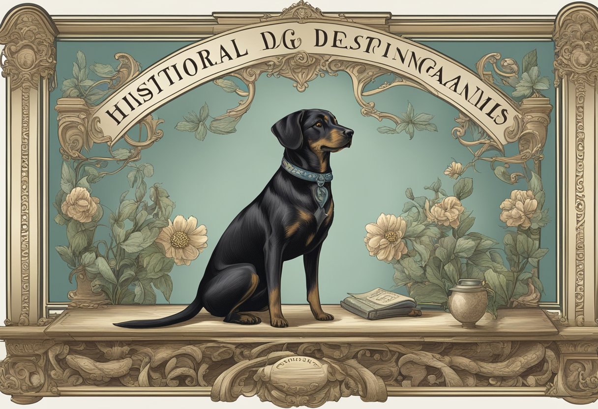A Victorian-era dog sits beside a sign with "Historical Significance Victorian Dog Names" in a grand, ornate font