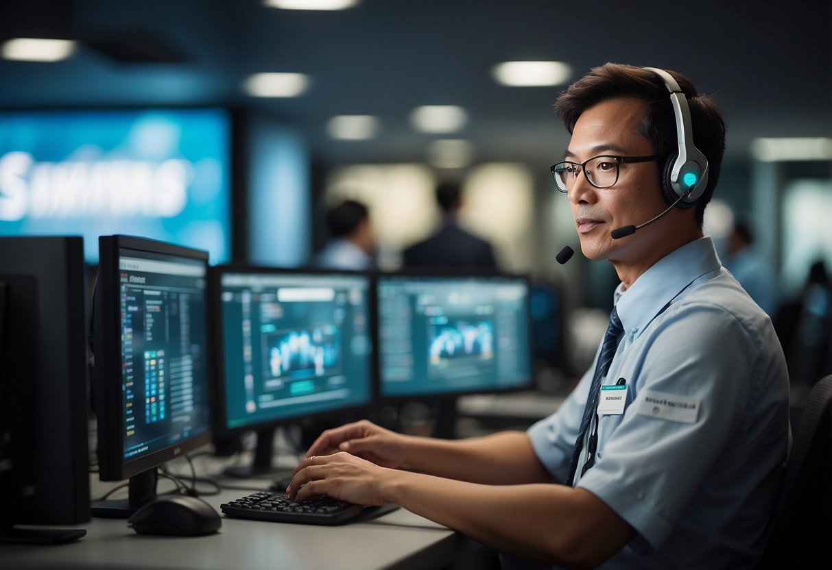 A customer service representative answering questions at a computer with the Siemens Singapore logo displayed on the screen