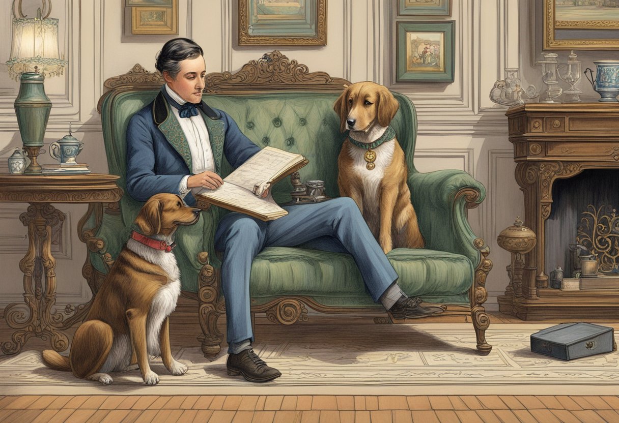 Victorian-era setting with ornate furniture and decor, a dog in a frilly collar sits obediently while its owner writes a list of elaborate dog names