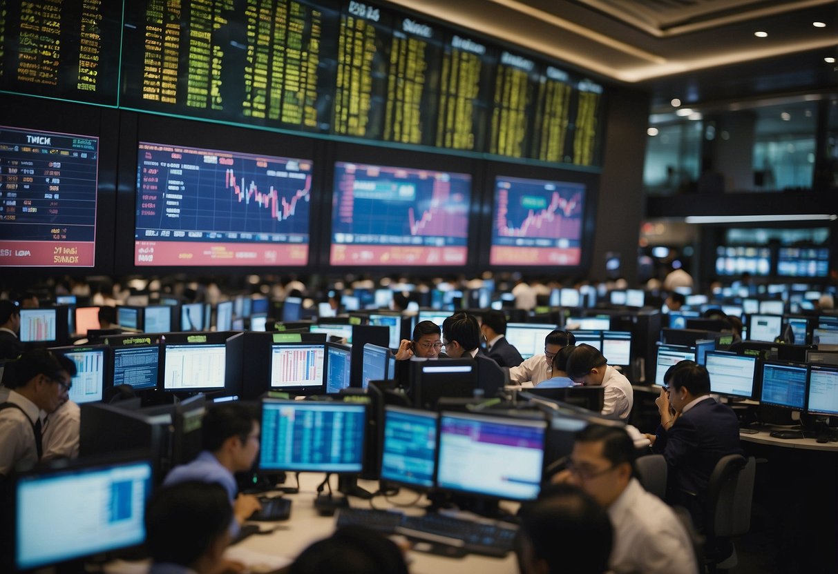 A bustling Singapore stock exchange floor with traders buying and selling dividend stocks, ticker screens displaying fluctuating prices