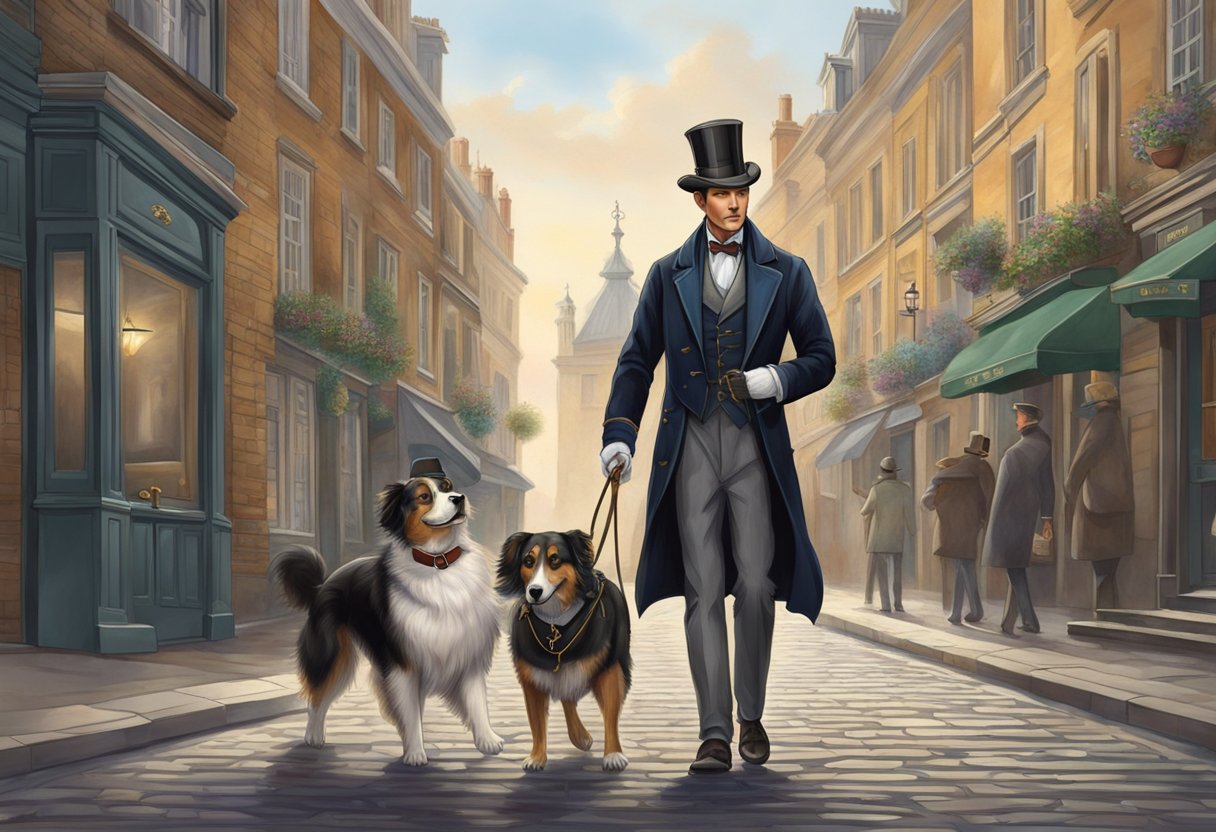 A well-dressed Victorian gentleman walks his noble dog through a cobblestone street, the dog wearing a stylish collar and exuding an air of regal elegance
