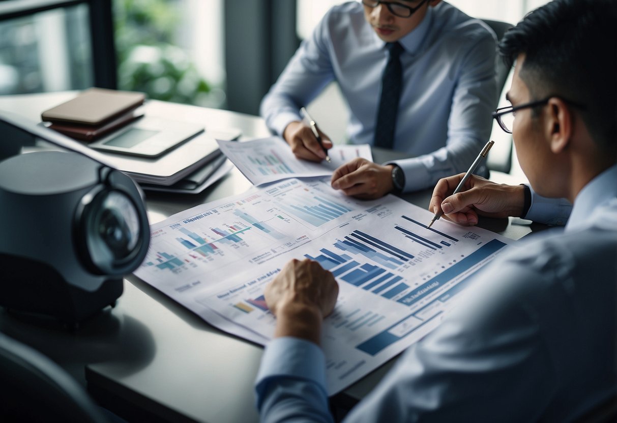 A group of investors studying financial charts and graphs, discussing dividend stocks in Singapore. They are engaged and focused on their analysis