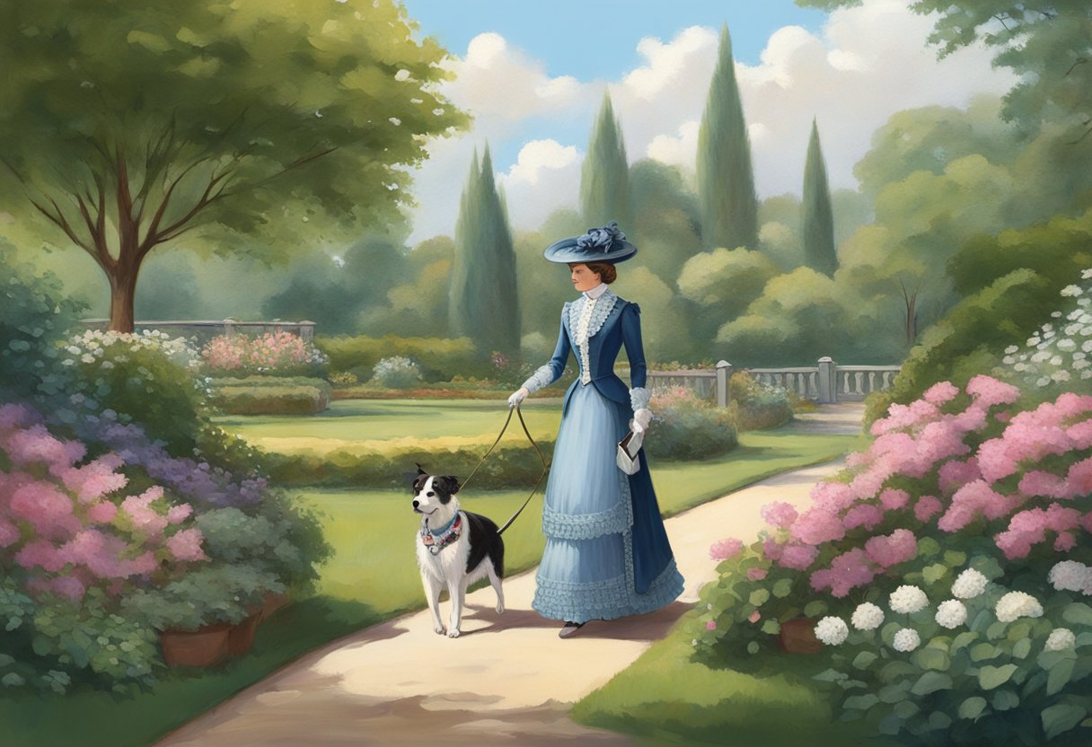 A regal Victorian lady walks her elegant dog in a lush garden. The dog, adorned with a lace collar, responds to the name "Lady" as they stroll through the manicured landscape
