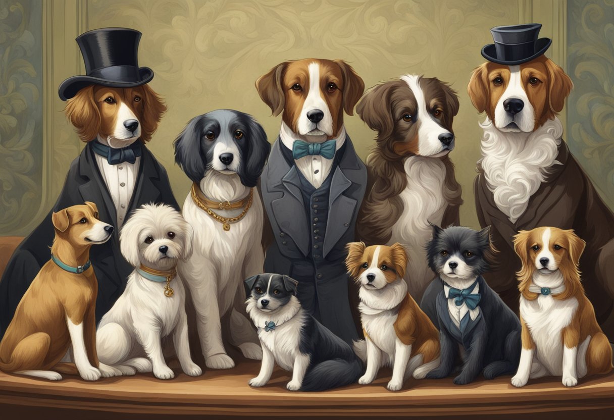 A group of Victorian-era dogs, both male and female, are gathered in a stylish setting, each with a unique and distinctive name