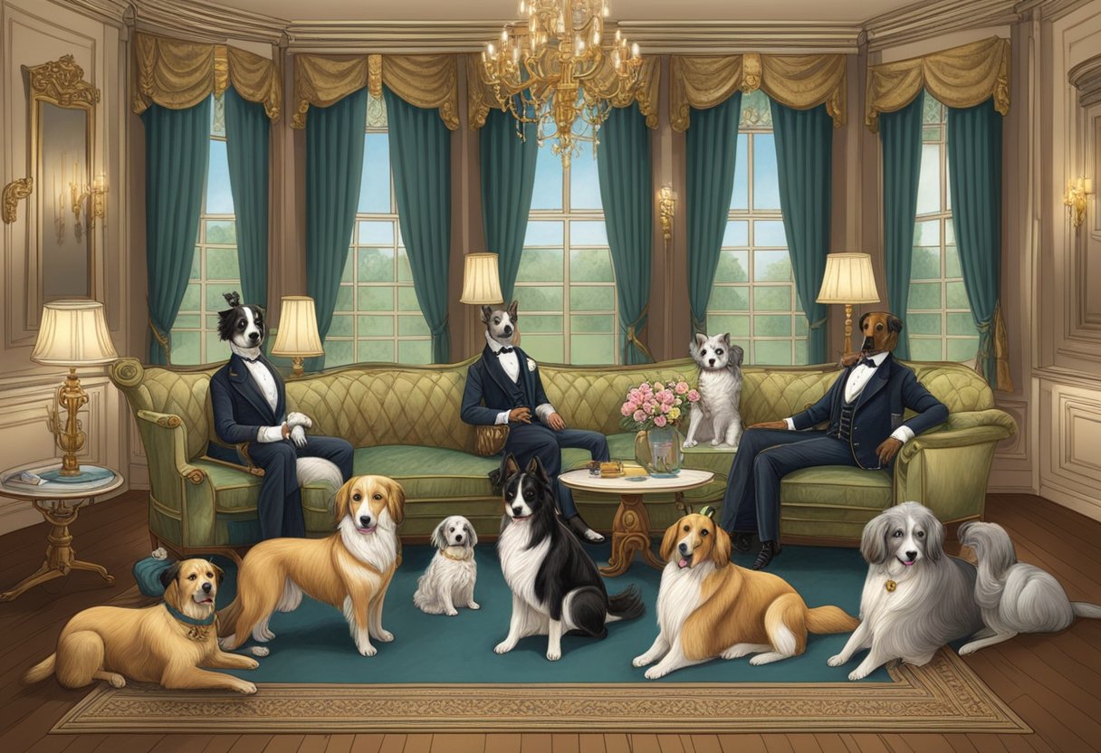 A group of Victorian-era dogs with names like "Duchess" and "Lord Winston" sit in a grand parlor, surrounded by opulent furnishings and elegant decor
