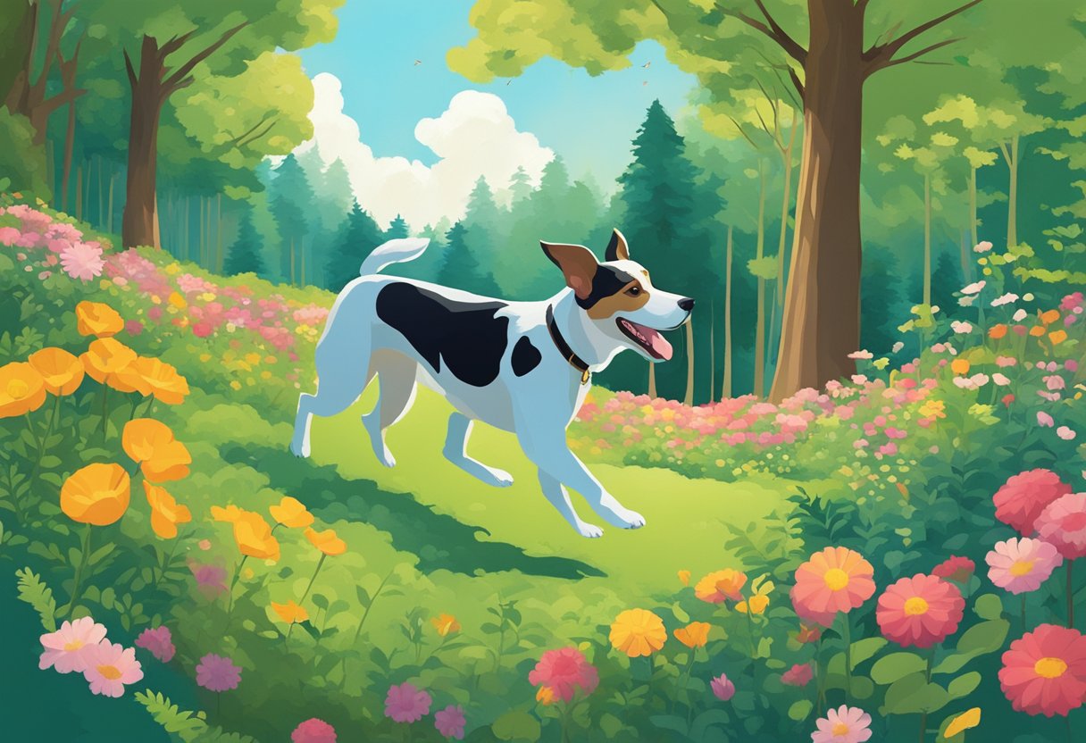 A dog romping through a lush, green forest, surrounded by vibrant flowers and tall trees, with a clear blue sky overhead
