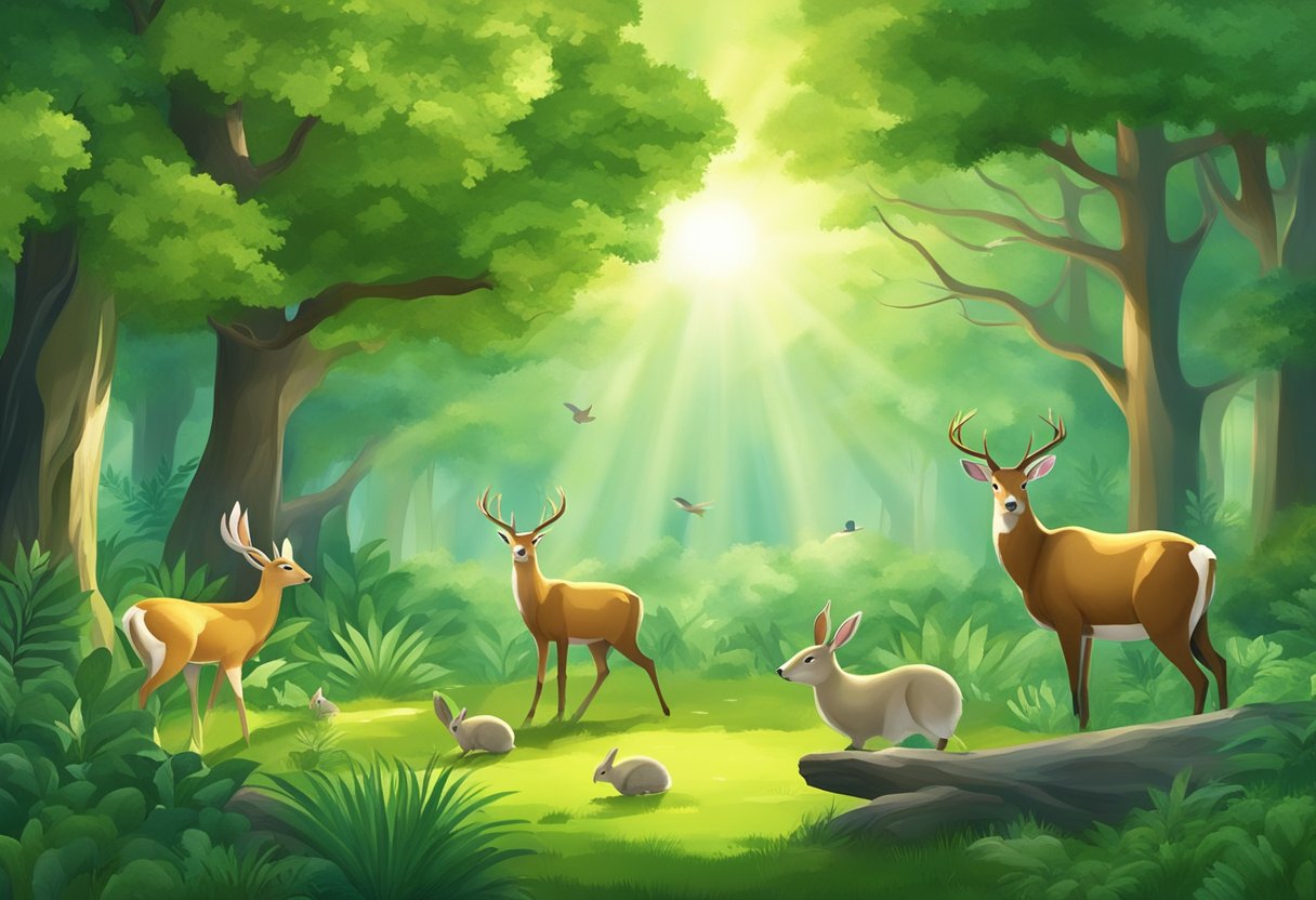 Lush green forest with a variety of animals, including birds, deer, and rabbits. Sunlight filters through the trees, creating a serene and peaceful atmosphere