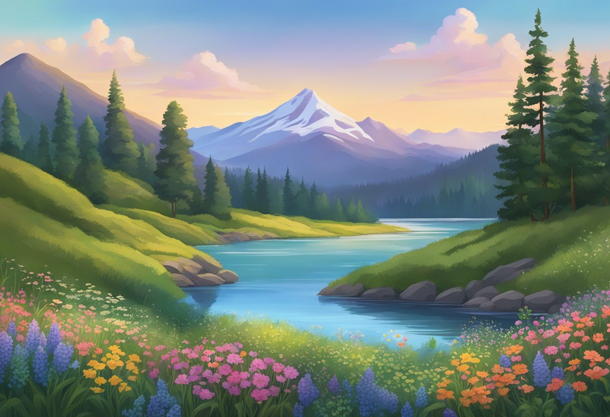 Rolling hills, lush forests, and a serene lake surrounded by vibrant wildflowers, with a majestic mountain range in the background