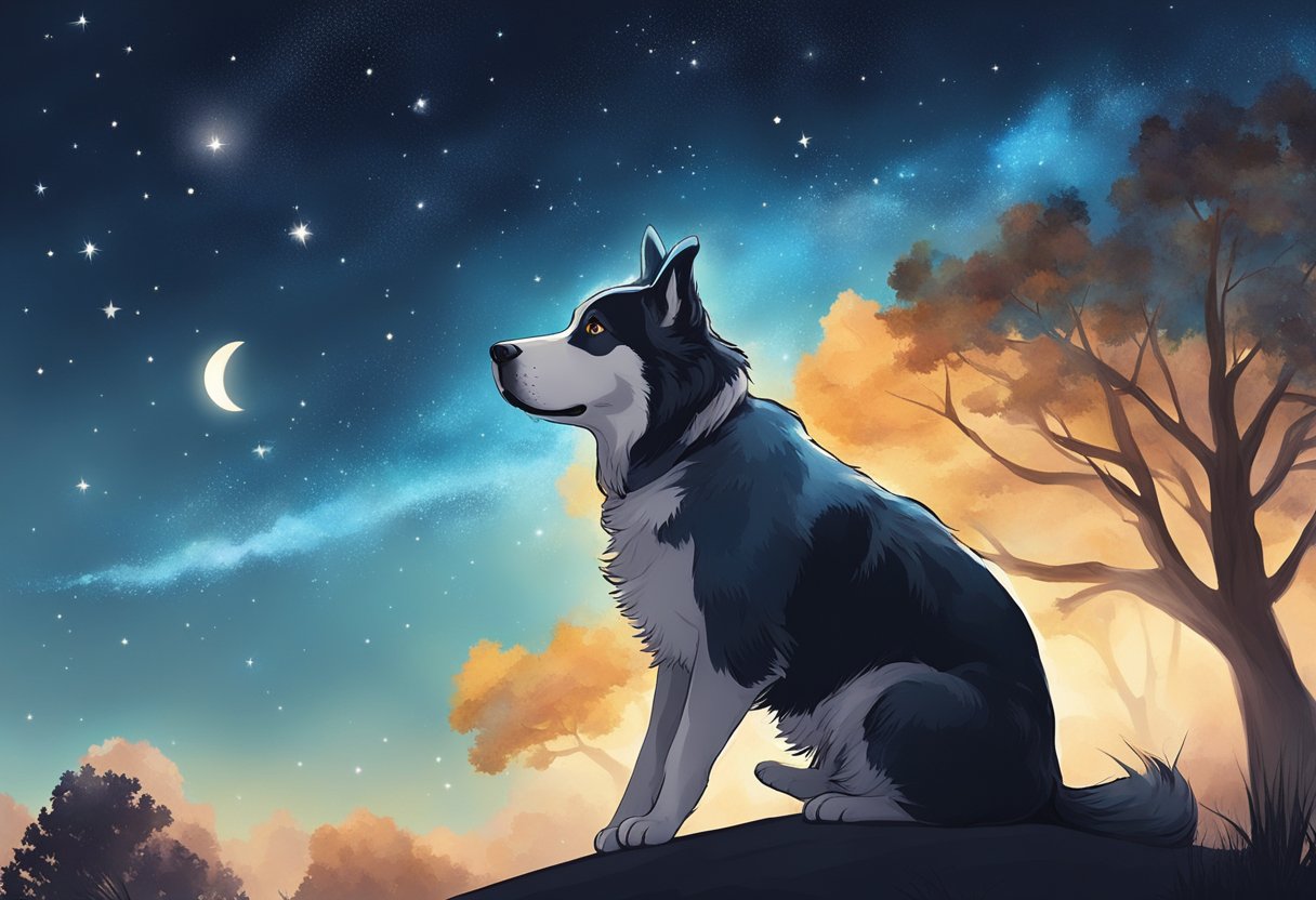 A serene night sky filled with stars and clouds, with a gentle breeze rustling through the trees and a dog gazing up at the celestial display