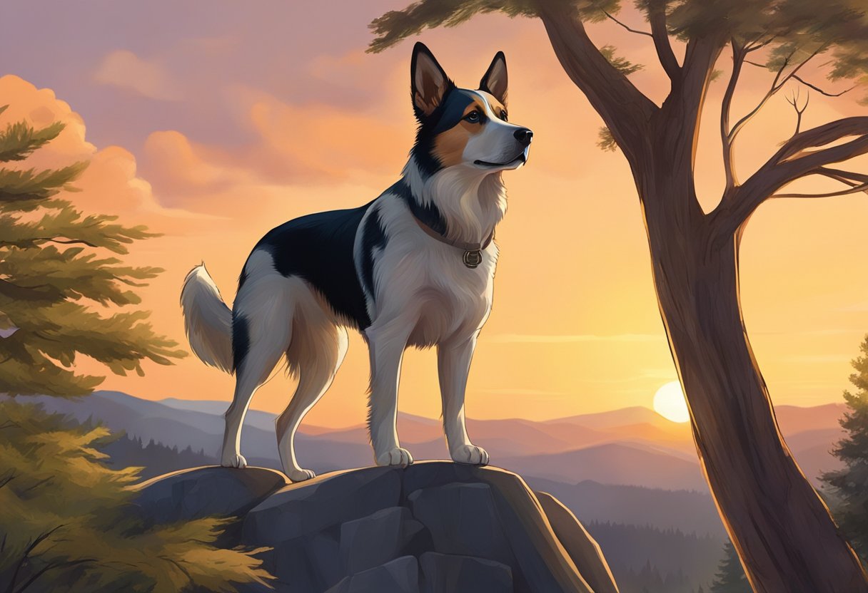 A dog stands on a rocky cliff, overlooking a vast wilderness. The sun sets behind towering trees, casting a warm glow over the landscape