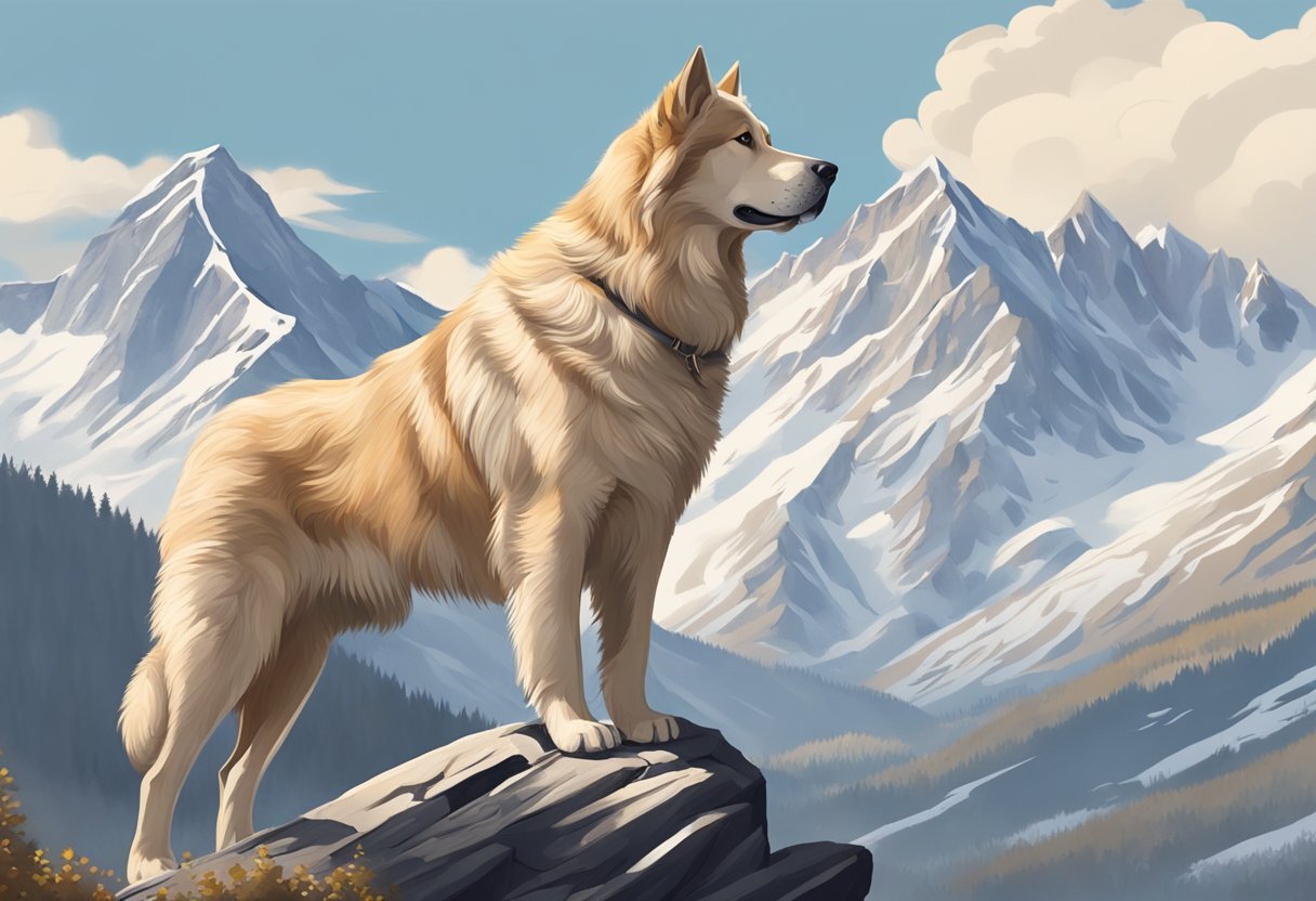 A large, furry dog stands proudly on a rocky mountain peak, with snow-capped peaks in the background. The dog's strong, confident stance exudes power and resilience