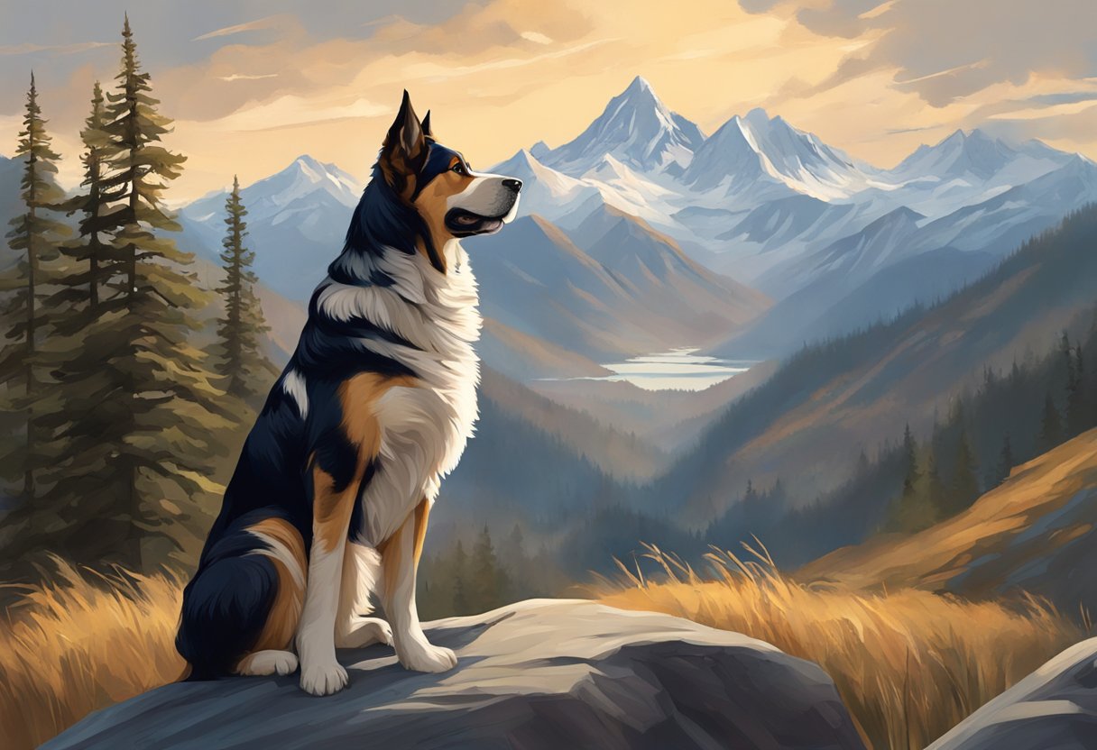 A majestic mountain range with a large, regal dog standing proudly in the foreground. The dog exudes strength and confidence, perfectly capturing the spirit of a mountain dog