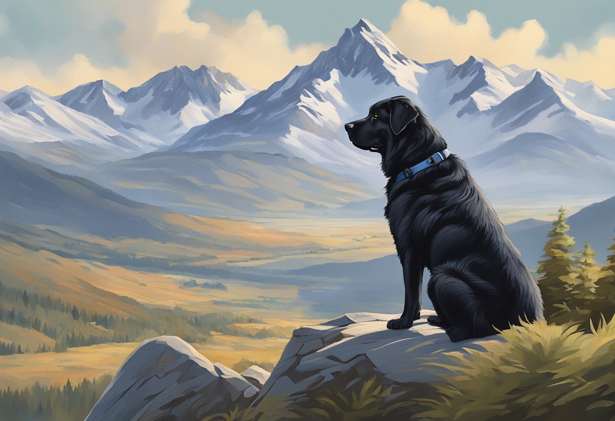 A large, majestic mountain dog sits proudly atop a rugged peak, gazing out at the vast landscape below. The dog exudes strength and confidence, embodying the spirit of a true mountain companion