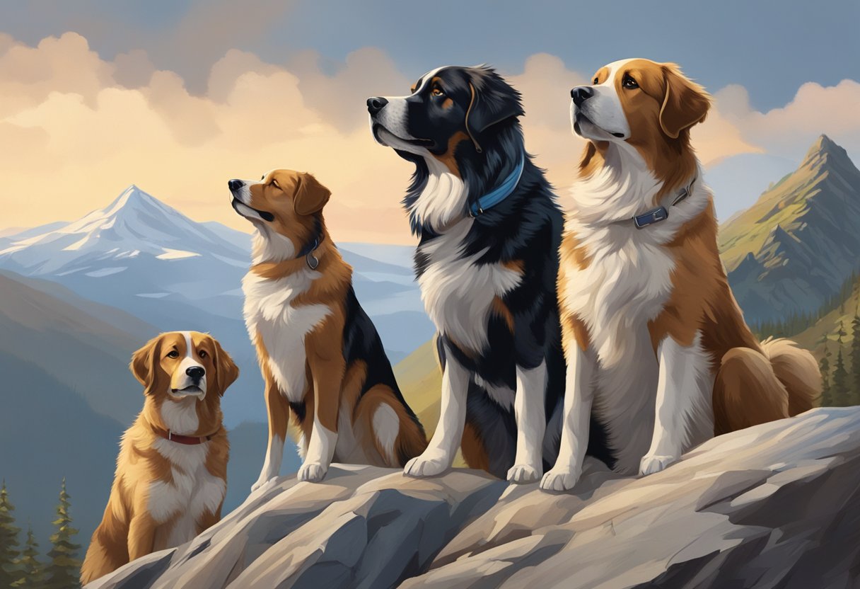 Several mountain dogs stand proudly on a rocky summit, their fur blowing in the wind as they gaze out at the stunning view