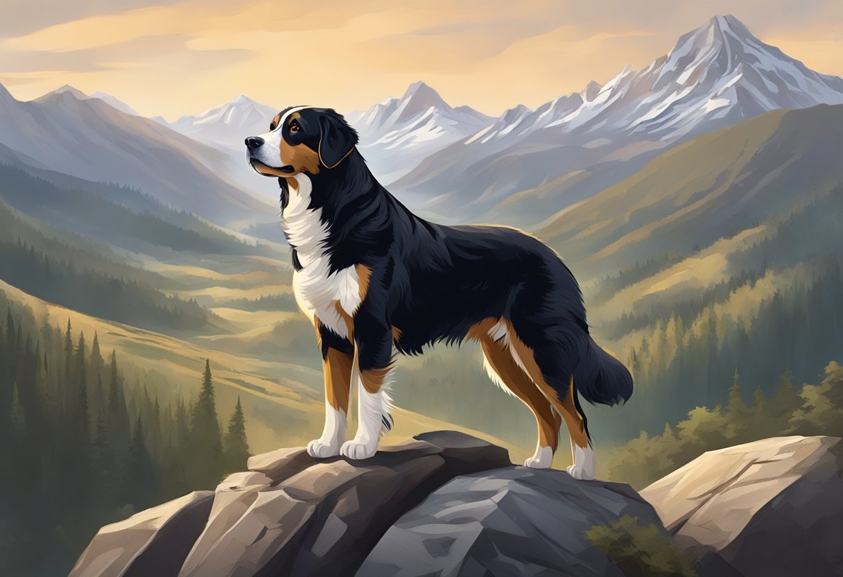 A mountain dog stands proudly on a rocky peak, with a majestic landscape in the background. Its fur blows in the wind as it gazes out confidently