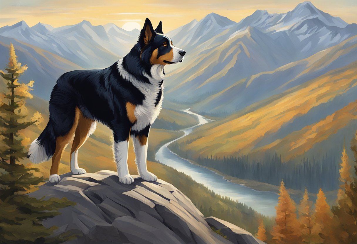 A majestic mountain dog stands proudly atop a rugged peak, gazing out over the sprawling landscape below