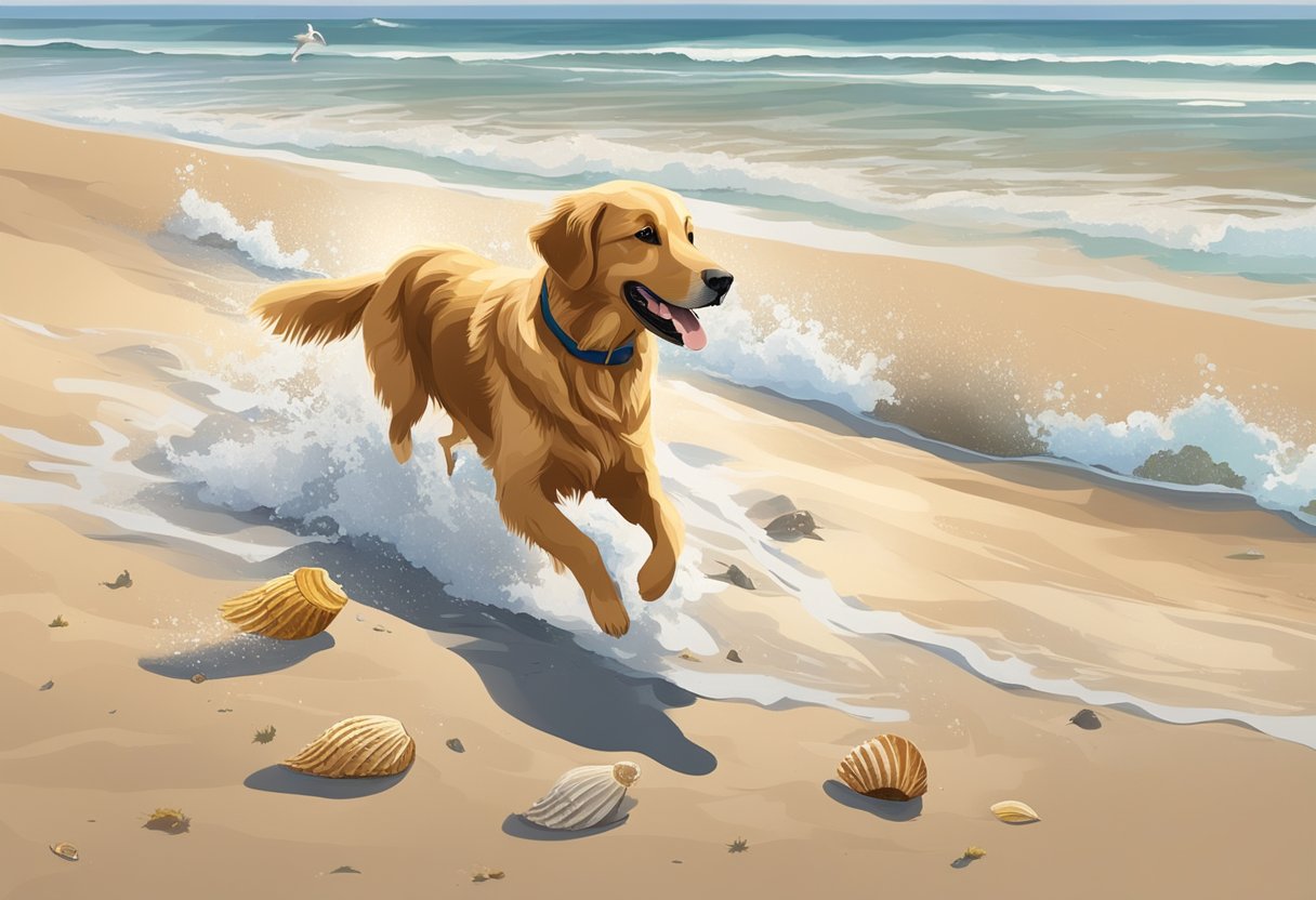 A golden retriever plays on a sandy beach, waves crashing in the background. Seashells and seaweed litter the shore, as seagulls circle overhead