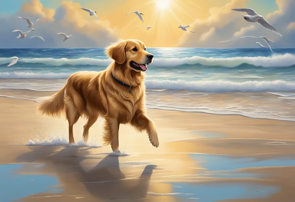 A golden retriever stands on a sandy beach, waves crashing behind it. The sky is a vibrant blue, with seagulls flying overhead. The dog's fur is glistening in the sunlight, and a sense of peace and tranquility fills the