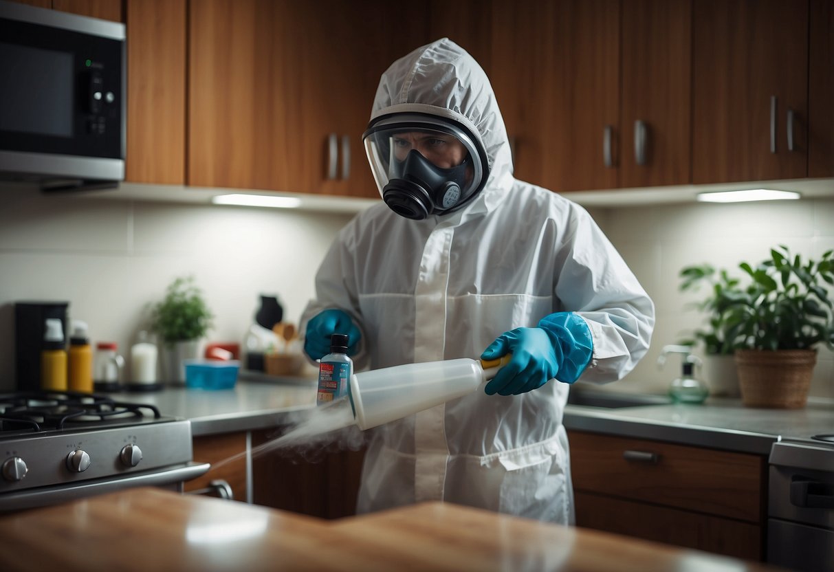 A pest control technician sprays a potent chemical to eradicate roaches in a kitchen cabinet