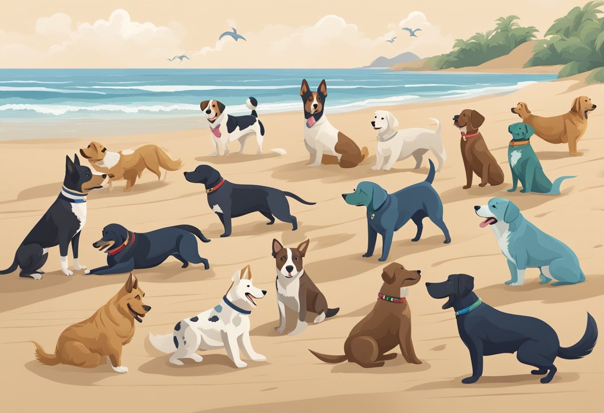 Dogs of various breeds playing on a sandy beach, with waves crashing in the background. A diverse group of people speaking different languages call out ocean-inspired names for their pets