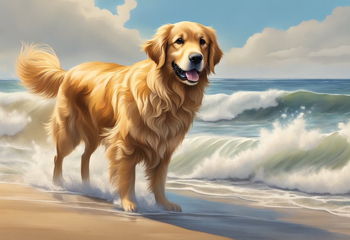 A golden retriever stands on a sandy beach, waves crashing behind it. The dog's fur ripples in the sea breeze, as it gazes out at the endless expanse of ocean