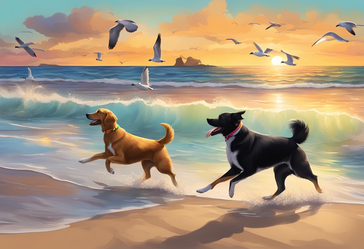 A lively beach scene with dogs playing in the sand and waves, with seagulls flying overhead and a colorful sunset reflecting on the water