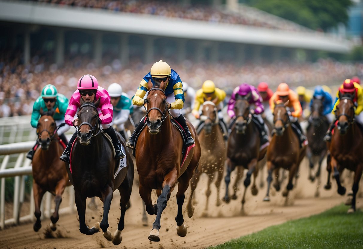 A crowded Singapore horse race card with colorful jockeys and sleek horses thundering down the track. The grandstand is filled with excited spectators cheering on their favorites