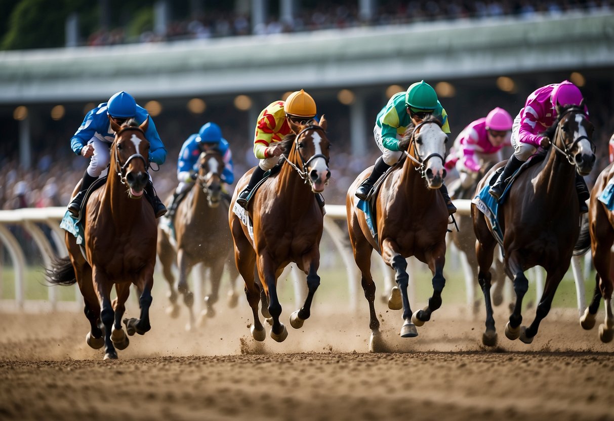 Horses gallop around the track, jockeys in colorful silks urging them on. Spectators cheer, waving race cards, as the horses thunder towards the finish line