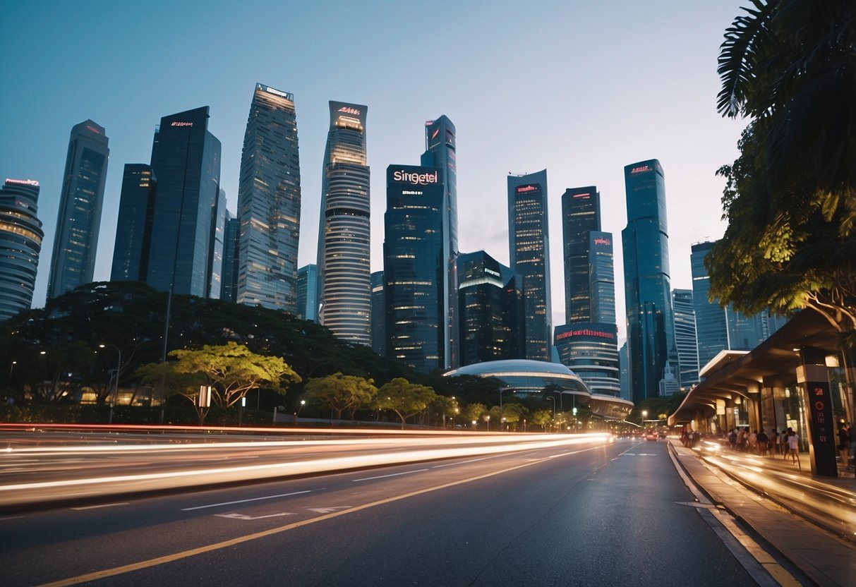 A bustling street in Singapore with the iconic Singtel building towering in the background, surrounded by vibrant city life and modern architecture