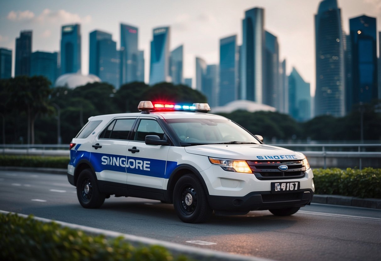 A police car with the words "Singapore Police" and a visible number on the side, parked in front of a modern city skyline