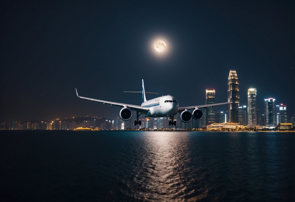 A plane flying over the ocean from Singapore to Busan, with city lights twinkling below and the moon casting a soft glow on the water