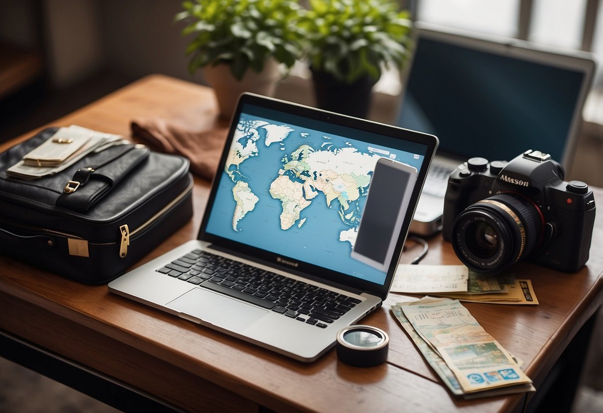 Passport, map, and plane ticket laid out on a table. A suitcase half-packed with clothes and travel essentials. A laptop open to a travel website