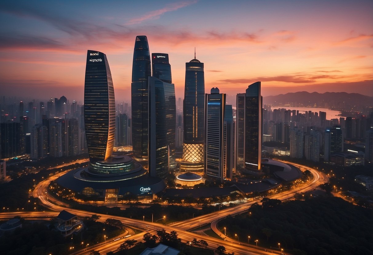 A city skyline with the iconic Singtel building standing tall against the backdrop of a vibrant sunset