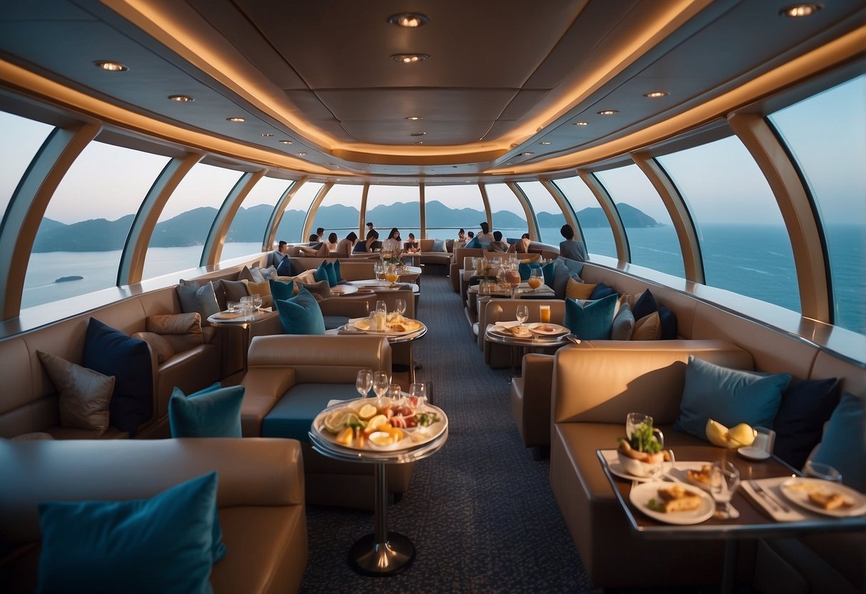 Passengers enjoying panoramic views, cozy seating, and gourmet dining on a luxury cruise from Singapore to Busan