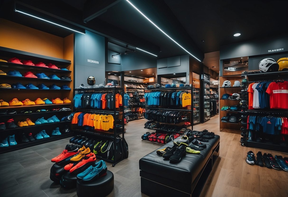 A bustling sports shop in Singapore, shelves lined with colorful gear and equipment, customers browsing and trying on items, staff assisting with purchases