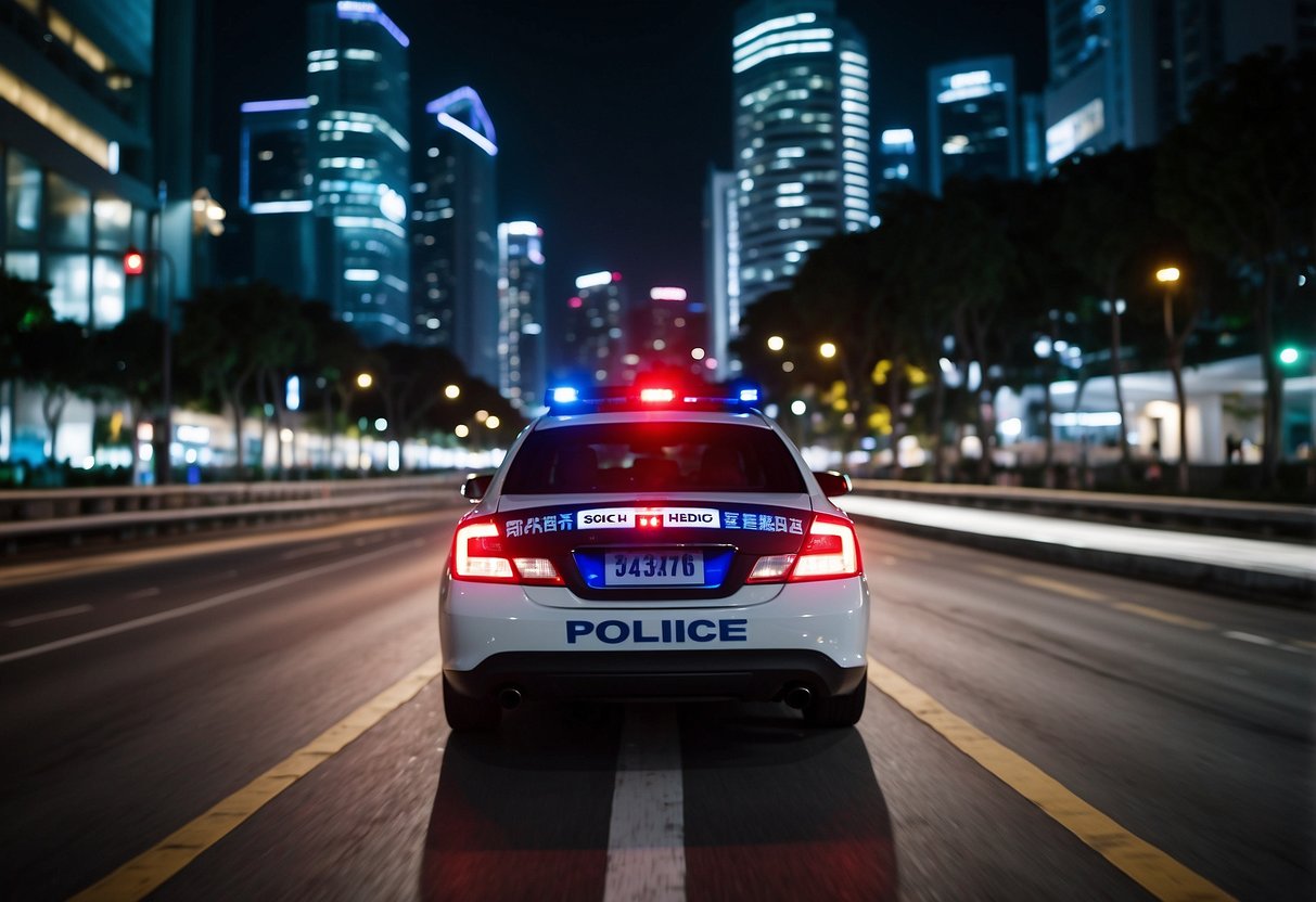 A Singapore police car speeds through a bustling street, its siren blaring as it responds to a call. The iconic blue and red lights flash against the backdrop of the city skyline